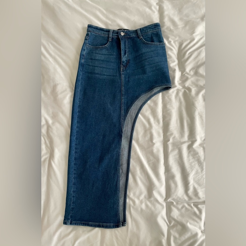 Dark Blue High Waist Split Denim Maxi Skirt
